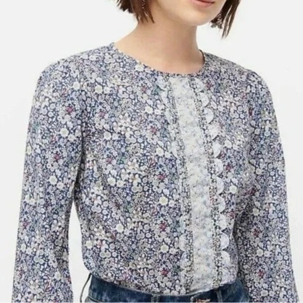 J Crew Liberty Fabric Floral Blouse XS Long Sleeve Shirt‎ Blue Junes Meadow